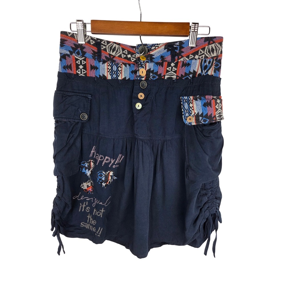 Desigual Aire Cargo Mini Skirt M Navy Blue Aztec Boho Y2K Drawstring Side Grunge